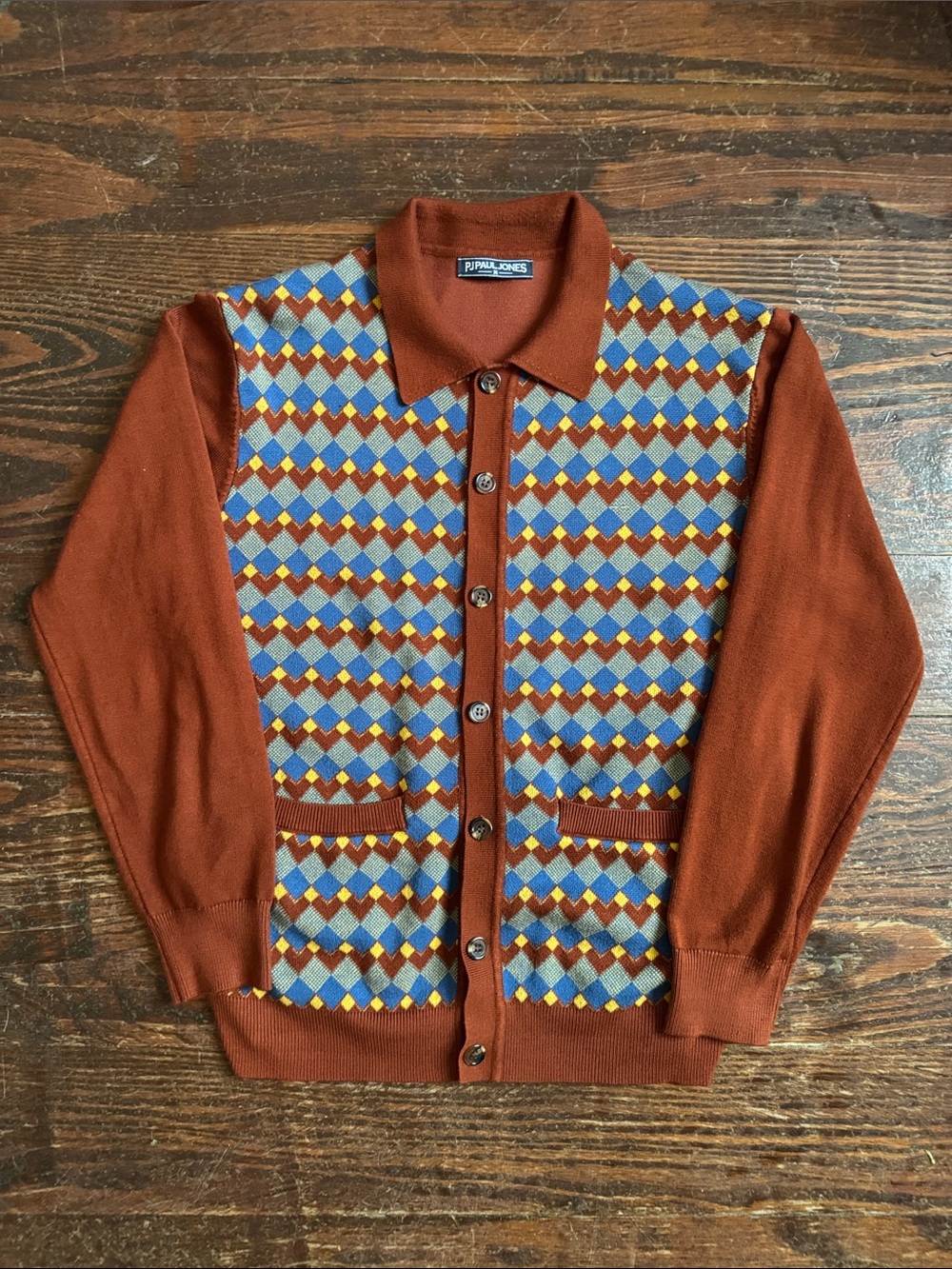 Paul Jones Rust Orange/Brown Geometric Argyle Knit Button Down Cardigan M
